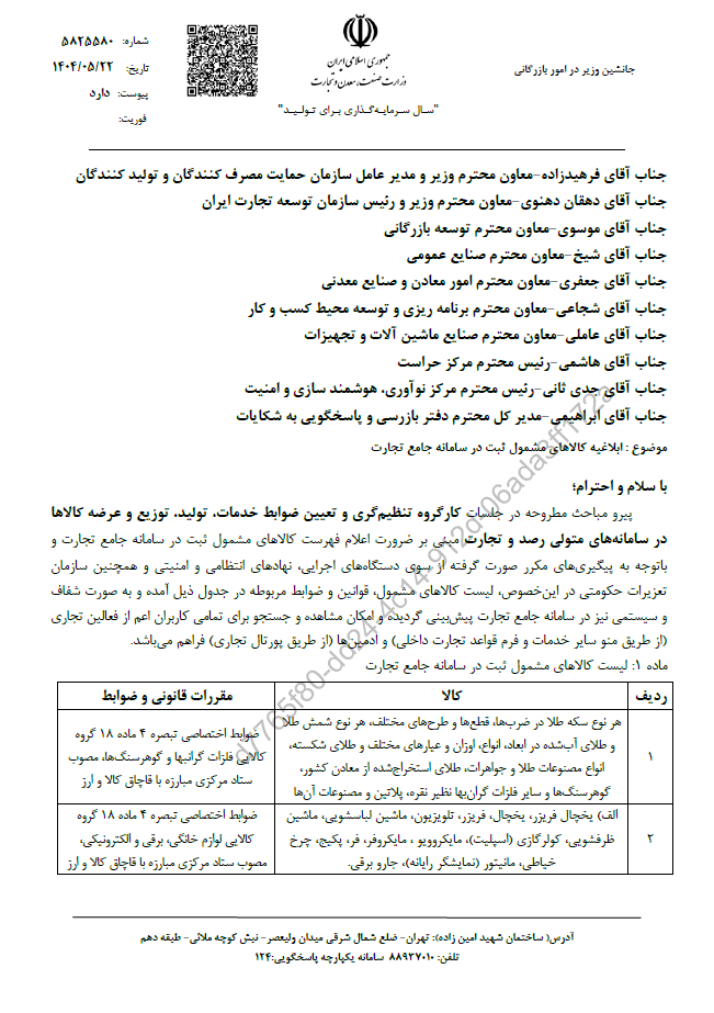 ابلاغیه کالاهای مشمول ثبت در سامانه جامع تجارت